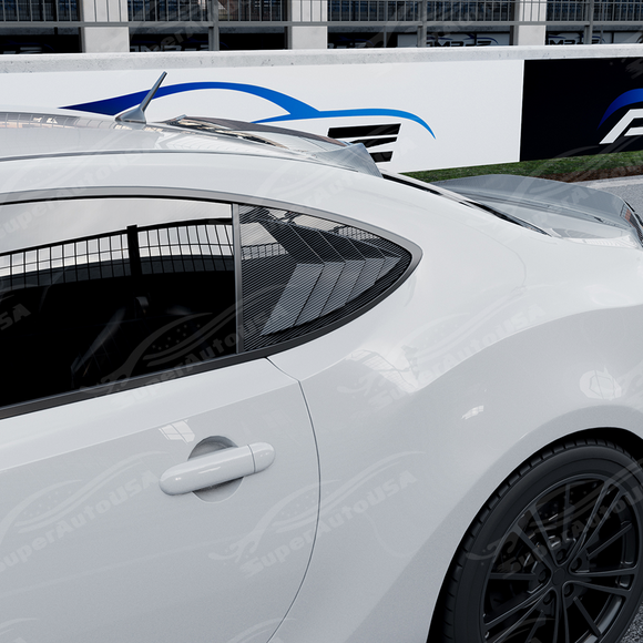 Aggressive carbon print rear side window louvers installed on a 2017 Toyota 86