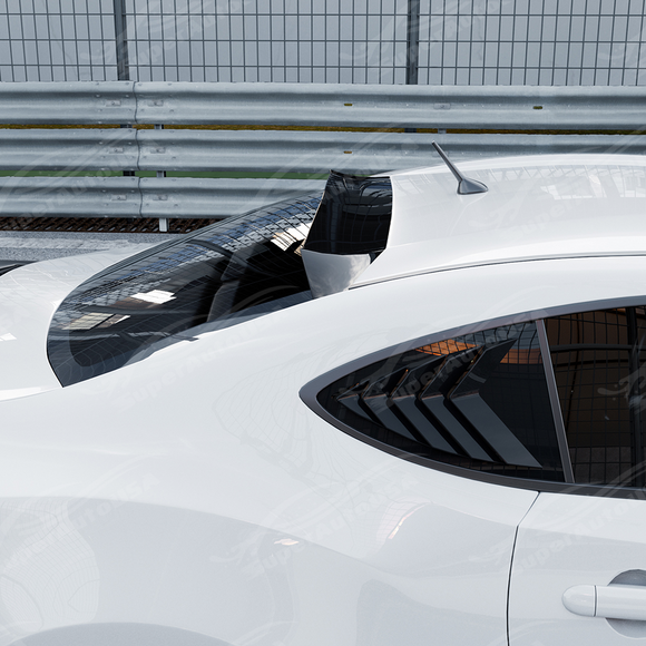 Direct side profile view of the gloss black rear window visor for 2013-2020 Subaru BRZ