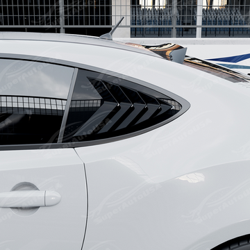 Direct side profile of the gloss black side window louvers for 2013-2020 Subaru BRZ