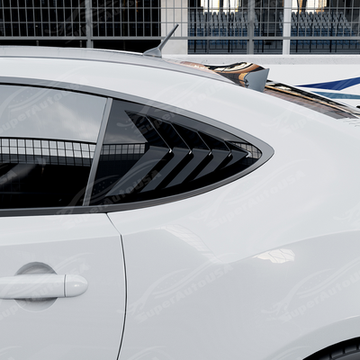 Direct side profile of the gloss black side window louvers for 2013-2020 Subaru BRZ