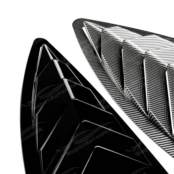 Visual comparison between gloss black and carbon print rear passenger window louvers
