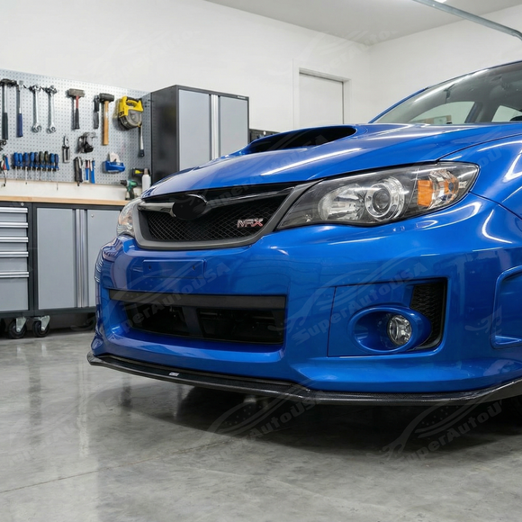 Low angle view showing the aggressive ground clearance of the STI gloss black splitter