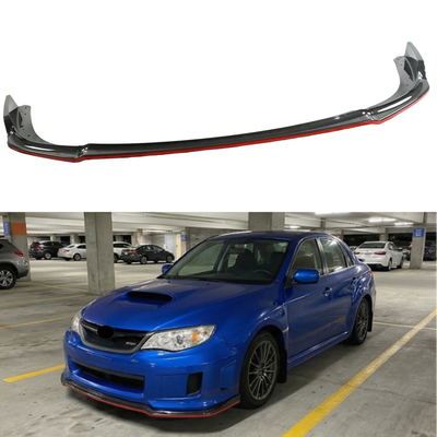 SuperAutoUSA carbon fiber print front lip with red accent installed on a 2008 Subaru Impreza WRX STI