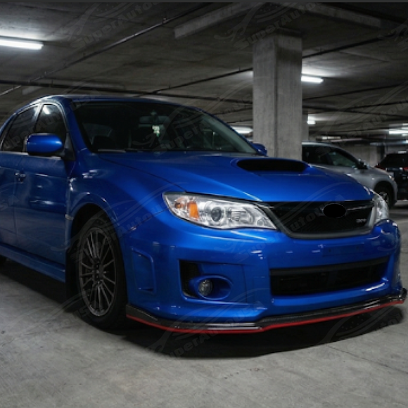 Full 3/4 view of a 2009 Subaru STI with the SuperAutoUSA red-accented carbon fiber print front lip kit