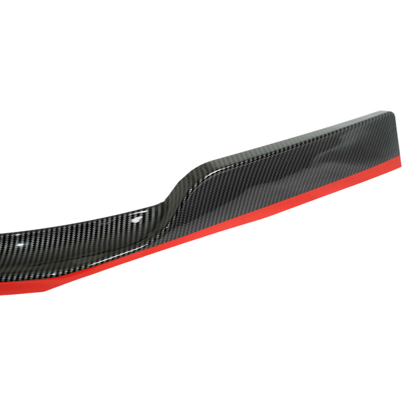 Professional studio photography highlighting the sleek SuperAutoUSA red pinstripe on the carbon print lip