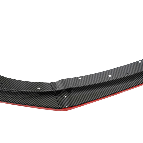 Standalone view of the uninstalled SuperAutoUSA carbon fiber print front lip with red pinstriping