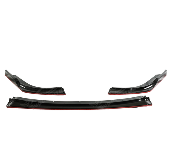 Centered product-only shot of the SuperAutoUSA STI gloss black front splitter with red trim
