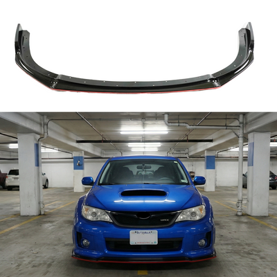 Standalone view of the uninstalled SuperAutoUSA gloss black front bumper splitter with red pinstripe