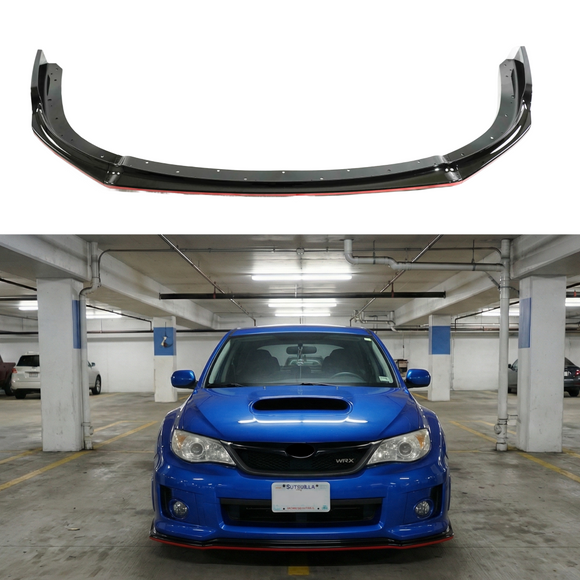 Standalone view of the uninstalled SuperAutoUSA gloss black front bumper splitter with red pinstripe