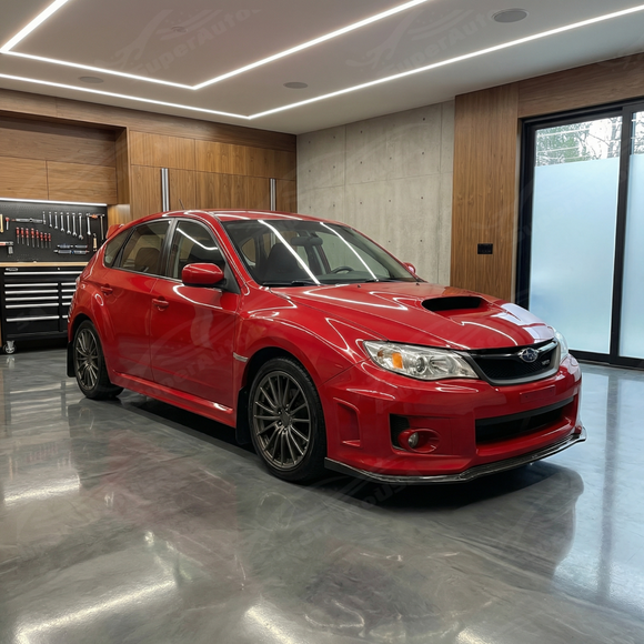 Full 3/4 view of a 2012 Subaru WRX with the carbon fiber print front lip kit
