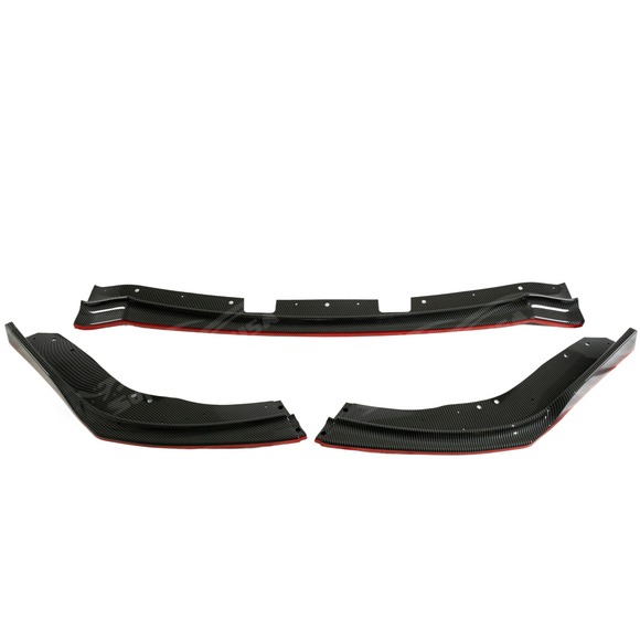 Performance-inspired aerodynamic profile of the red-trimmed splitter for WRX STI