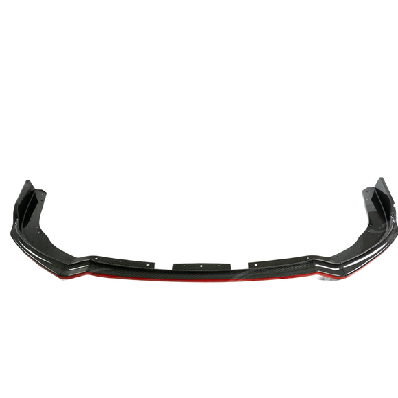 Direct front view of the carbon fiber print and red accent splitter for 2011-2014 STI