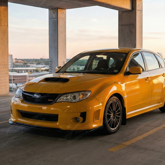 2012 Subaru WRX STI in motion featuring the aerodynamic gloss black front lip
