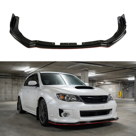 Gloss black front splitter lip with red trim installed on a 2011 Subaru Impreza WRX STI