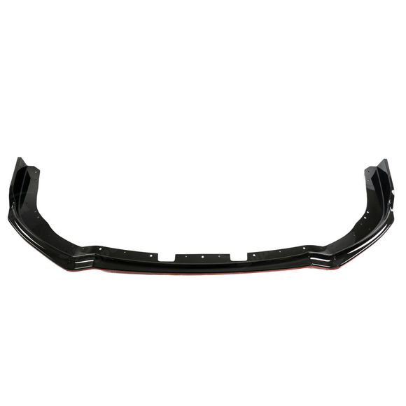 Direct front-facing view of the high-gloss black and red accent splitter for 2011-2014 STI