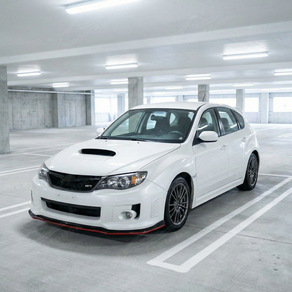 Low angle view showing the aggressive ground clearance and red pinstripe of the STI front lip