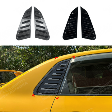 Sporty carbon fiber print louvers providing a high-end look on a Yellow Subaru WRX GV