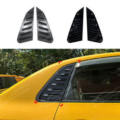 Sporty carbon fiber print louvers providing a high-end look on a Yellow Subaru WRX GV