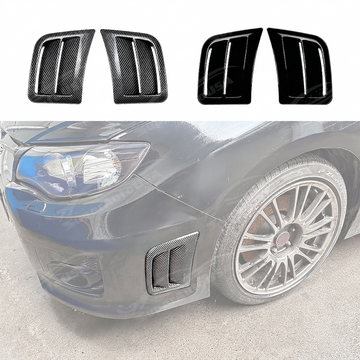 Carbon print front bumper side air vents installed on a 2011 Subaru WRX STI GV