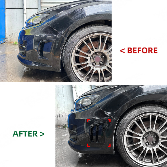 Visual comparison of the open-vent style vs. the solid-cover style for the Subaru STI bumper