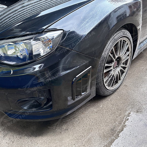 Direct front view of the gloss black side vent covers for 2008-2014 Subaru WRX STI