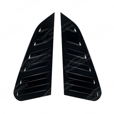 Close-up of the aggressive triple-slat vent design on the GV WRX gloss black window louvers