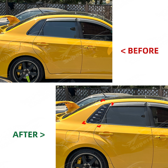 The completed performance aesthetic of a Subaru WRX GV featuring window louvers