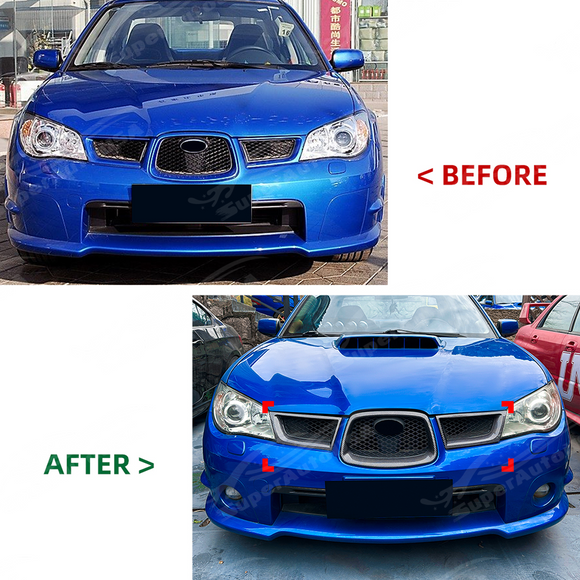 Gloss black grill trim providing a sharp modern contrast on a World Rally Blue Hawkeye WRX