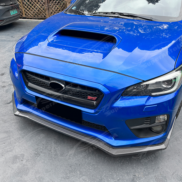 Aggressive carbon print JDM style front lip installed on a 2017 Subaru WRX STI