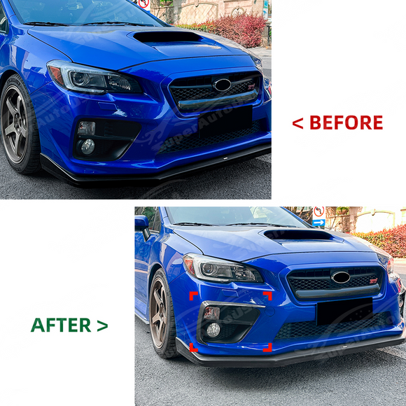 The completed high-performance front-end aesthetic of a Subaru WRX VA with fog light overlays