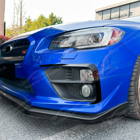 Gloss black fog light accent trim overlays installed on a 2016 Subaru WRX STI VA