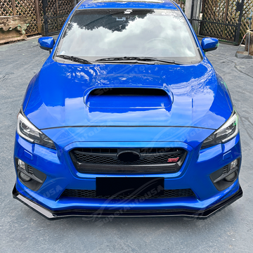 Direct front-facing view of the gloss black JDM front bumper lip for 2015-2021 Subaru WRX