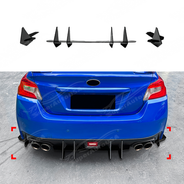 Rear-facing view of the gloss black aerodynamic shark fins for 2015-2021 Subaru WRX