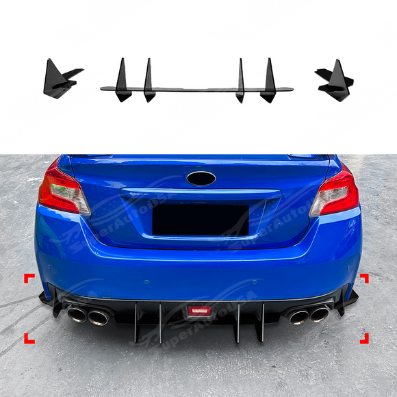 Rear-facing view of the gloss black aerodynamic shark fins for 2015-2021 Subaru WRX