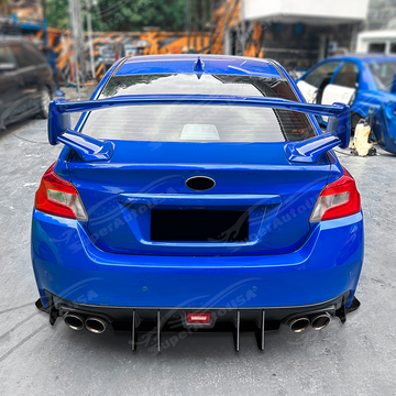 Direct rear-facing view of the gloss black aerodynamic shark fins for 2015-2021 Subaru WRX
