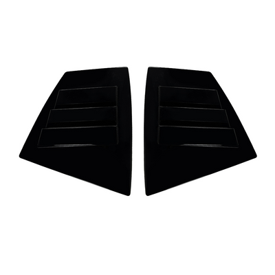 Close-up of the aggressive triple-slat vent design on the VA WRX gloss black louvers