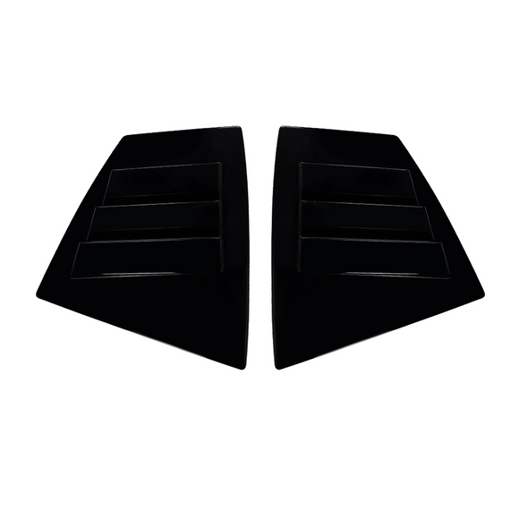 Close-up of the aggressive triple-slat vent design on the VA WRX gloss black louvers