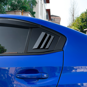 Direct side profile of the gloss black rear quarter window louvers for 2015-2021 Subaru WRX