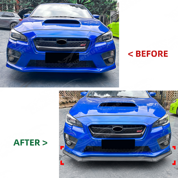 The completed "mean" front-end aesthetic of a Subaru VA featuring a JDM style lip and matching grille