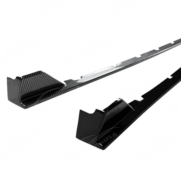Visual comparison between gloss black and carbon print JDM style side skirts for WRX VA