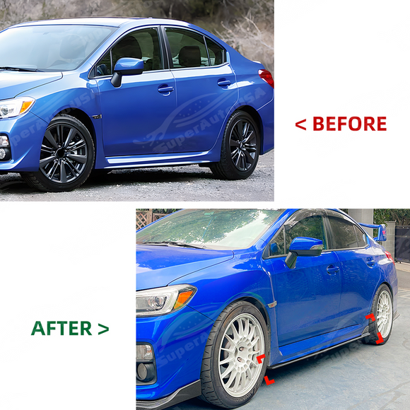 The completed high-performance profile of a Subaru VA featuring JDM style side skirts and front lip