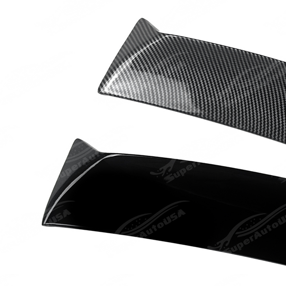 Visual comparison between gloss black and carbon print rear window visors for WRX VA