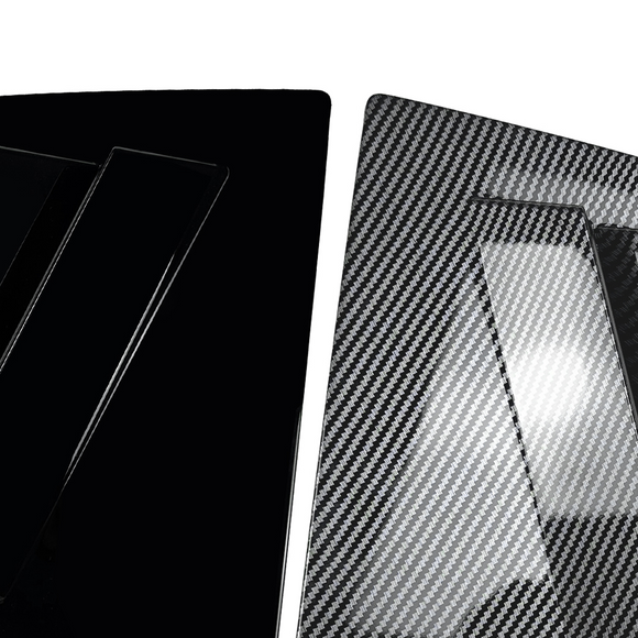 Visual comparison between gloss black and carbon print rear passenger window louvers