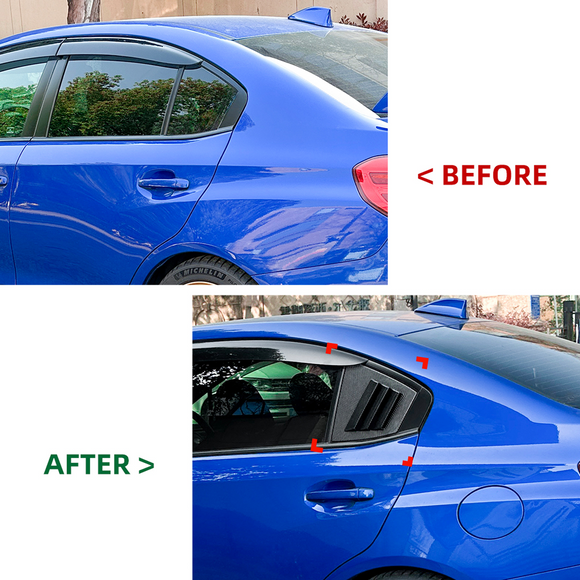 The completed performance aesthetic of a Subaru VA featuring window louvers and a matching rear visor