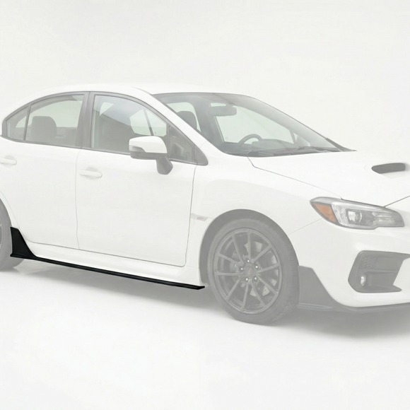SuperAutoUSA black side skirt splitter with aerodynamic winglets installed on a 2015 Subaru WRX