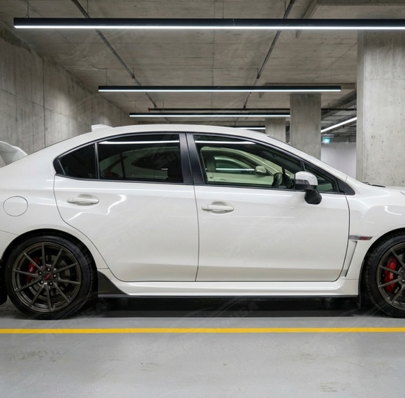 Close-up of the premium mirror-finish black on the SuperAutoUSA WRX side skirt winglets