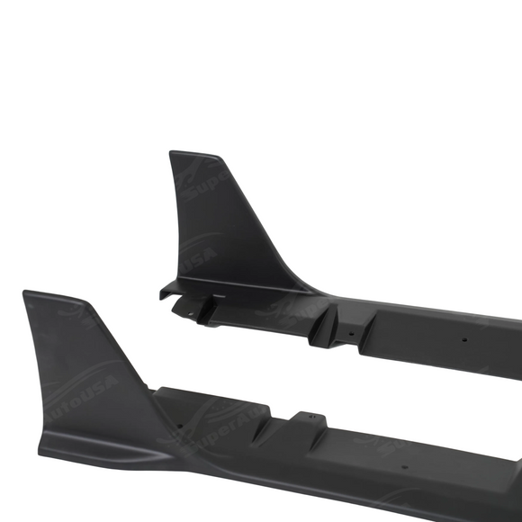 Uninstalled pair of SuperAutoUSA black side skirts with integrated rear winglets