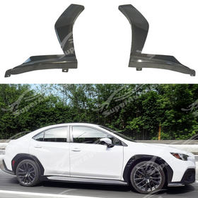 A close-up of the high-gloss real carbon fiber weave on the front fender flares for the 2021-2025 Subaru WRX