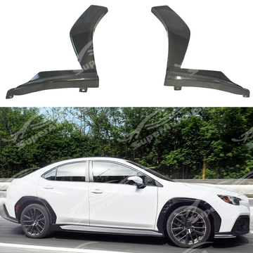 A close-up of the high-gloss real carbon fiber weave on the front fender flares for the 2021-2025 Subaru WRX