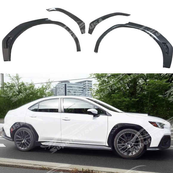 A dynamic shot of a Subaru WRX VB showcasing the performance-inspired design of the carbon fiber rear fender flares